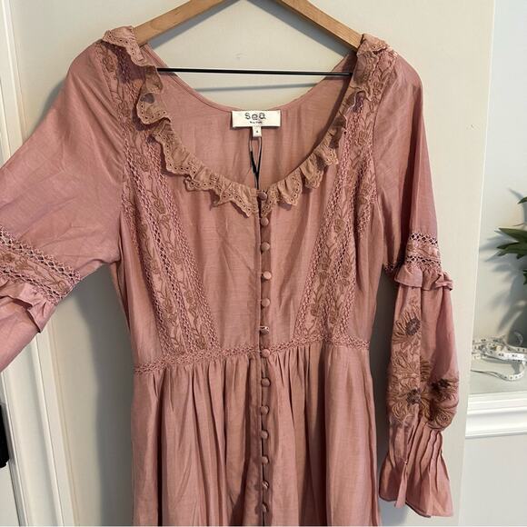 NWT SEA New York Mauve Pink Floral Embroidered Button Front Maxi Dress XS - Picture 11 of 15